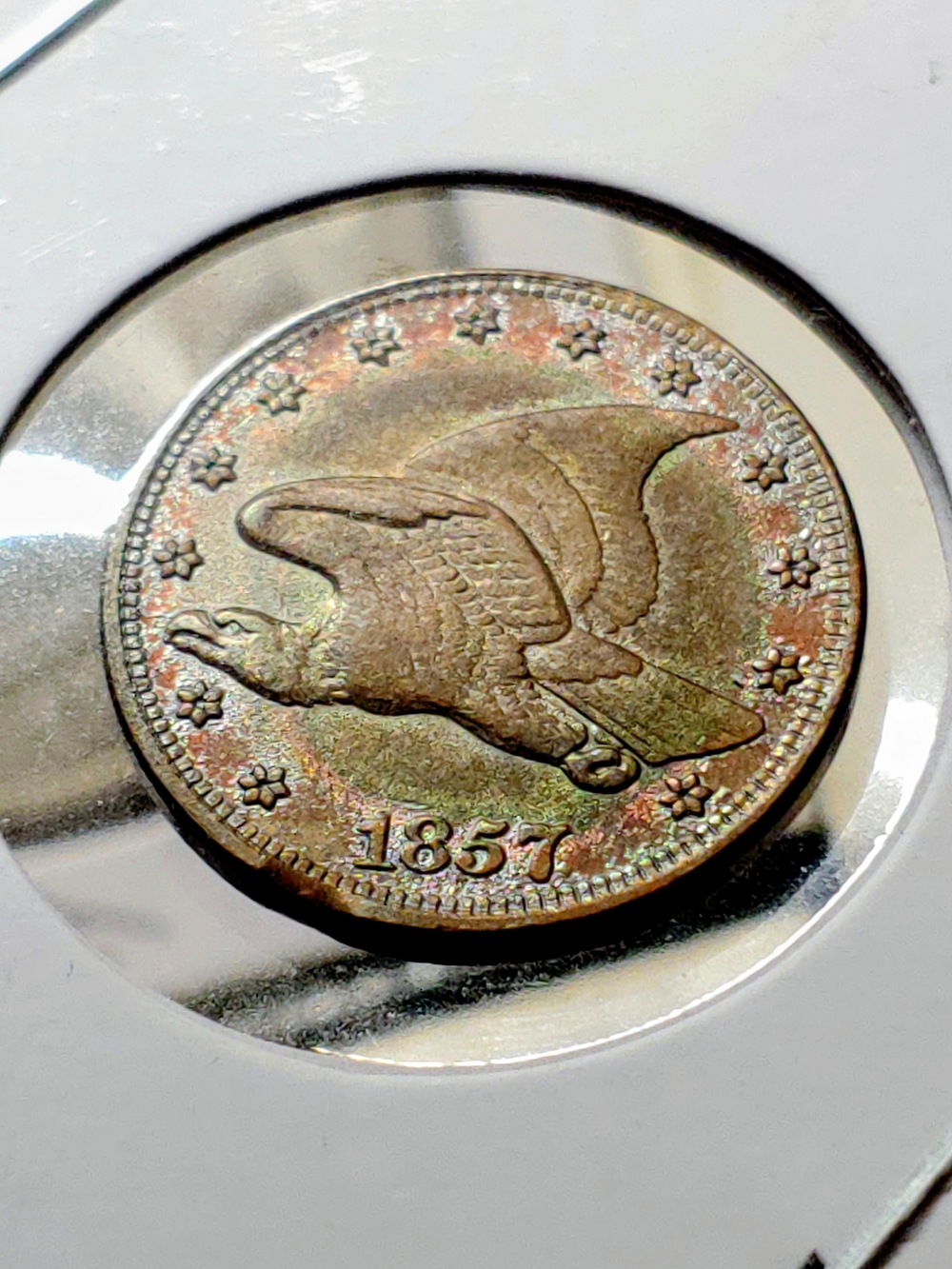 US Uncirculated 1857 Flying Eagle Coin - Multitone Copper Patina